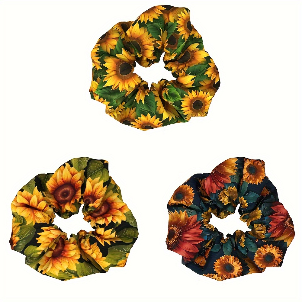 

3pcs Bohemian Sunflower Hair Scrunchies Set, Elegant Fabric Hair Ties, Boho Style Hair Accessories For Women, Plant Print Hair Rings