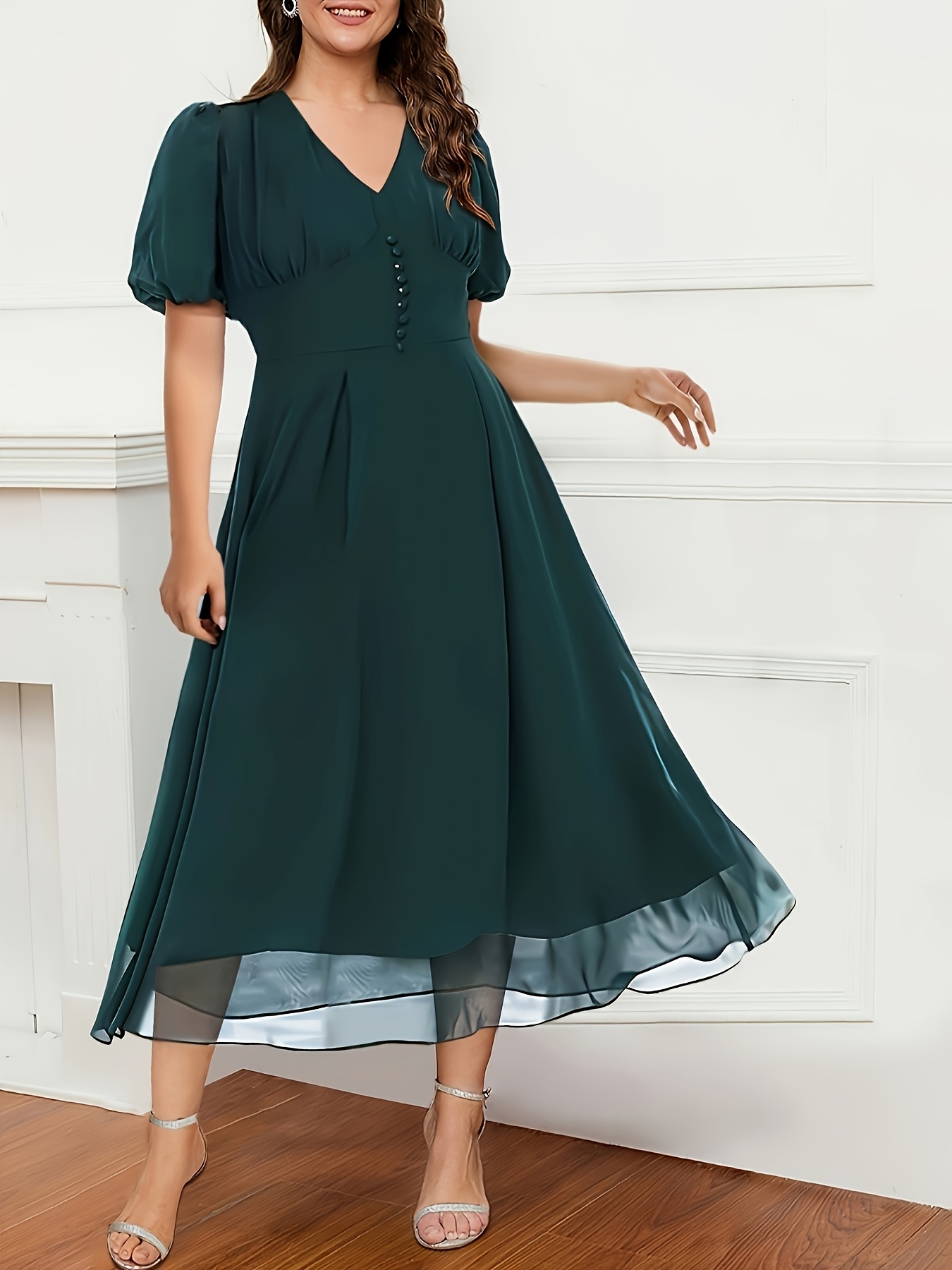 1pc elegant plus size v neck midi dress peplum lantern short