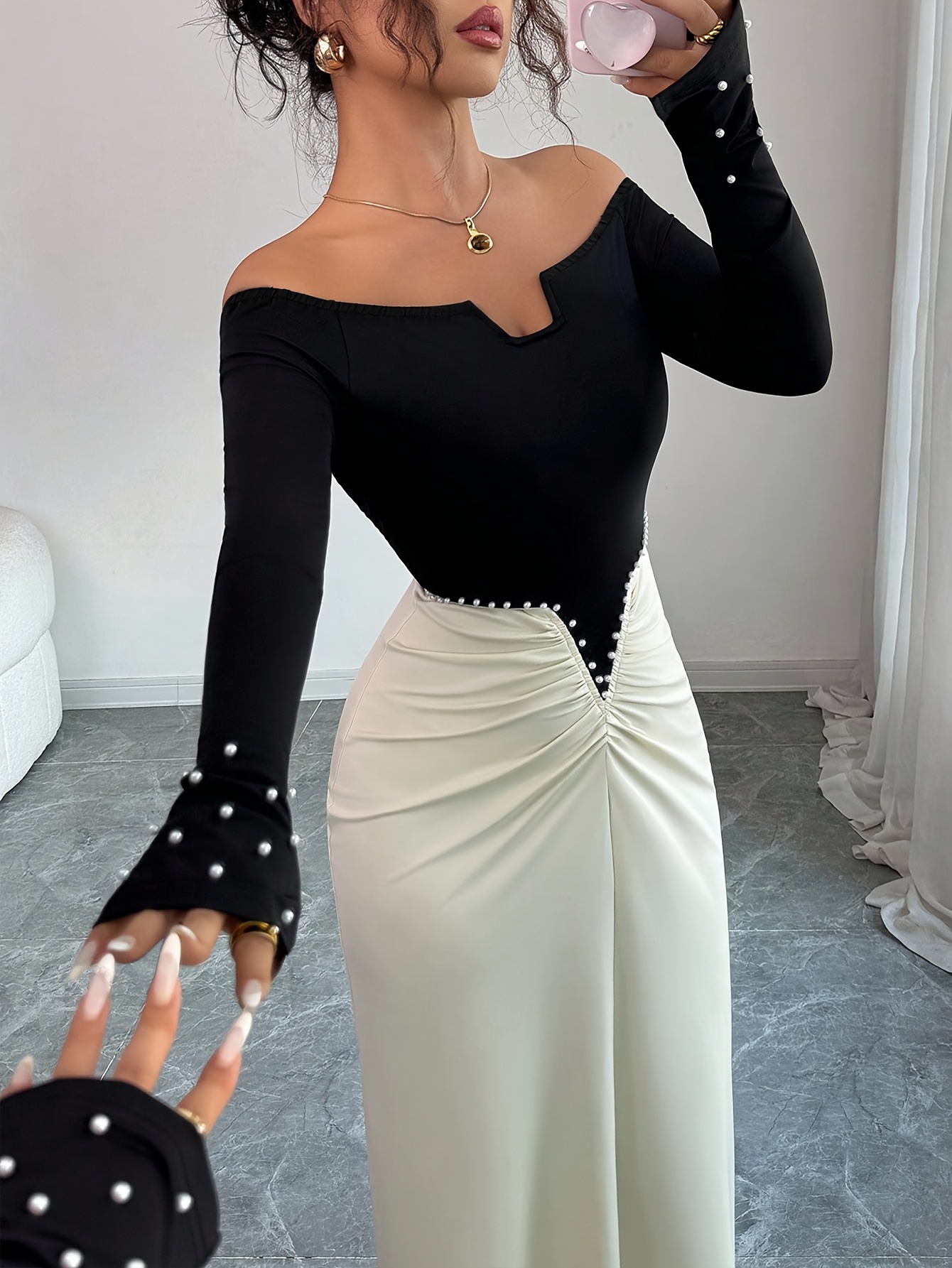 strapless open back dress One Shoulder Pearl Necklace Girl Dress with Bow Sleeveless J726 Champagne / Child-14 main image 1