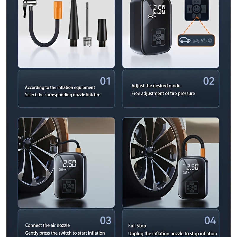 Ultra-Fast 150PSI Cordless Tire Inflator with LED Light & Digital Display - Portable Air Compressor for Car, Motorcycle, Bicycle & Sports Ball Pumps, Durable ABS Material, Rechargeable 18650 Lithium Battery, USB Type-C Cable Included, Quick Inflation System for Vehicles, Portable Tire Inflato