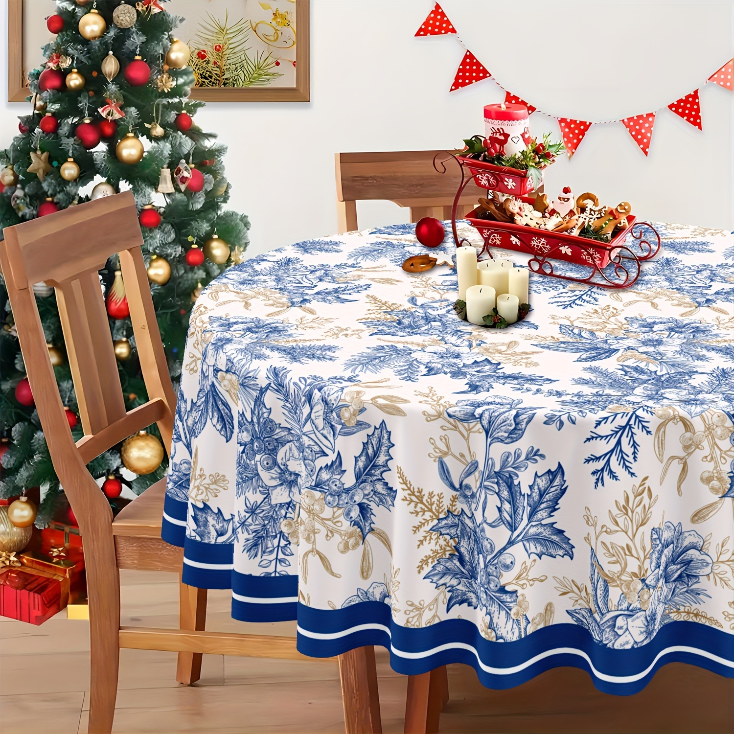 

Elegant Blue Floral Christmas Tablecloth - Waterproof Polyester, Round/rectangle, Indoor & Outdoor Holiday Dining Decor