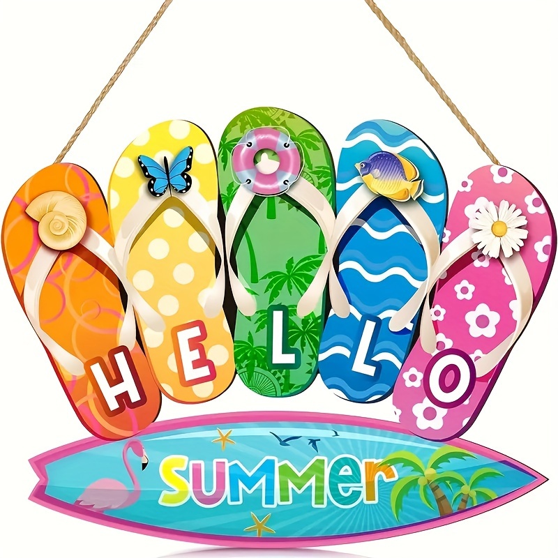 

1pc, Summer Slippers Hanging Sign Shape Welcome Hello Flip Flop Wooden Door Sign Hanging Plaque Rustic Wall Sign Yard Indoor Outdoor