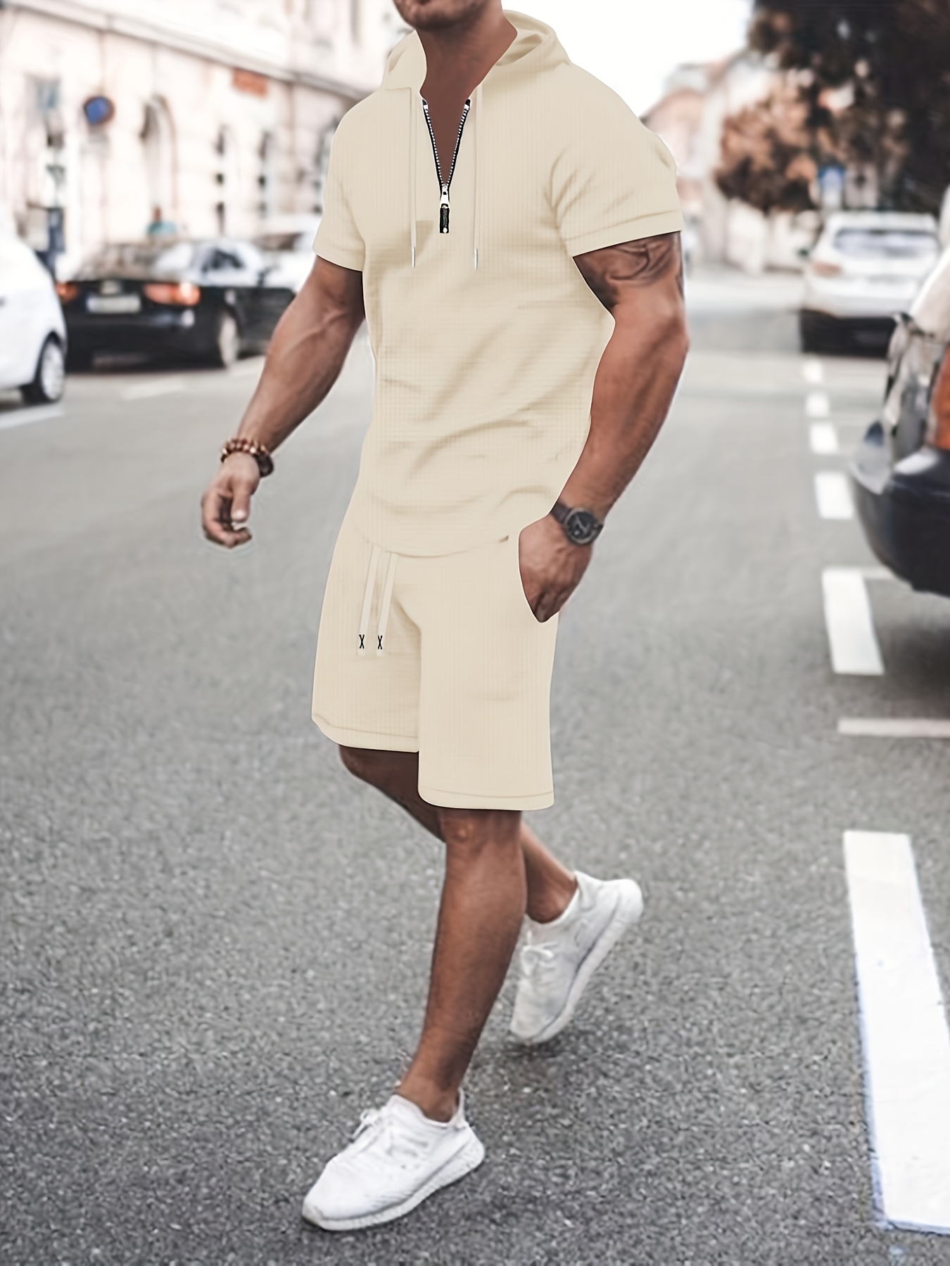 White Hoodie And Shorts Outfit Men Men's Casual Short Sleeve