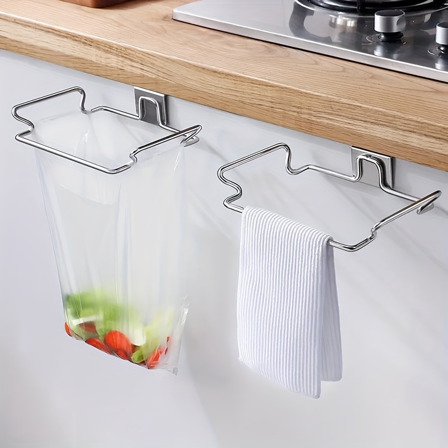 

1/2pcs 2-in-1 Stainless Steel Trash Bag Holder & Towel Rack, Over Cabinet Door Hanging Organizer, Contemporary Kitchen Accessory