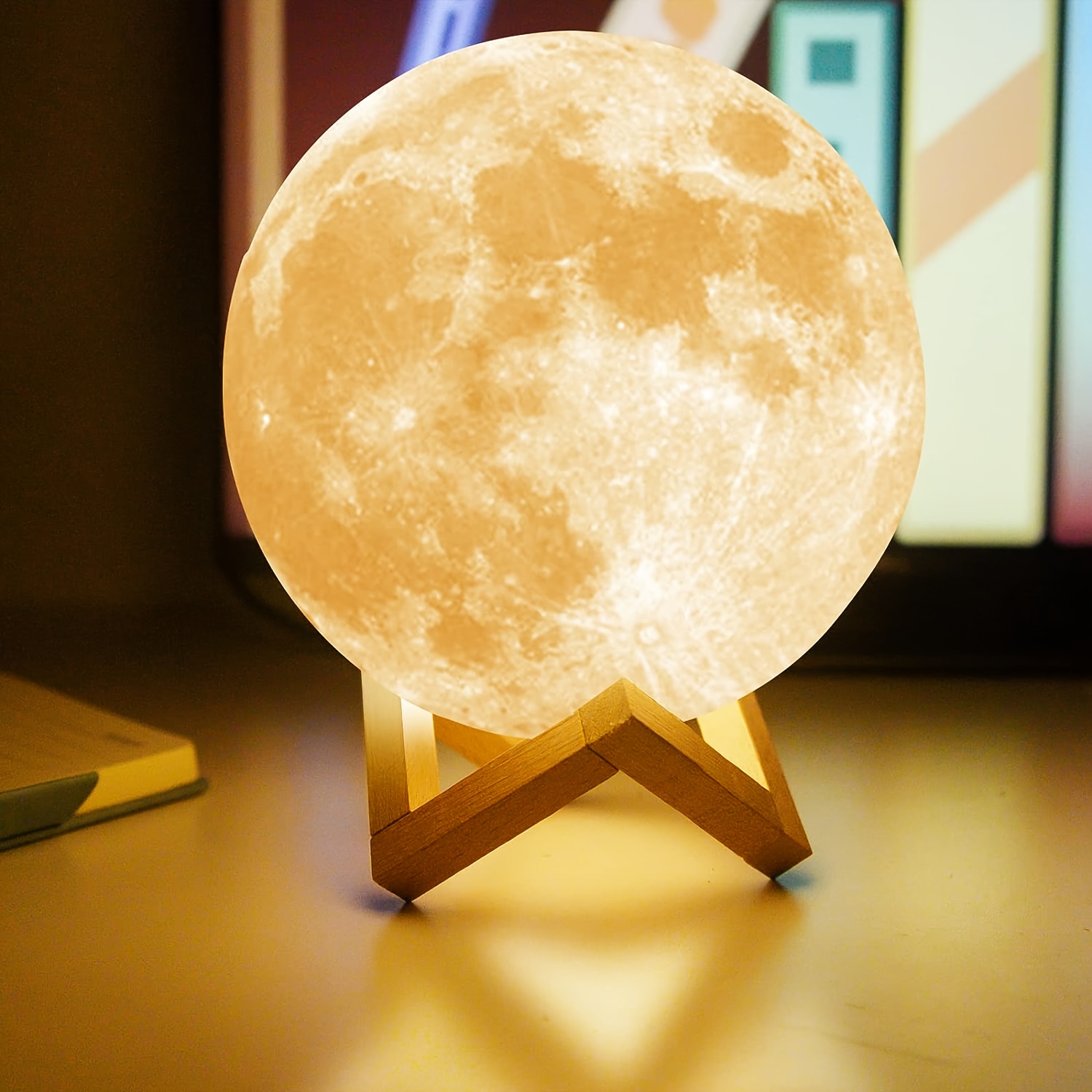 Night Lights Moon Lamp with Stand and Remote Control USB Plug-in Moon Lamp, White Ball Moon Lamp Wooden Frame Base, 16 Colors LED Night Light_voghion.com