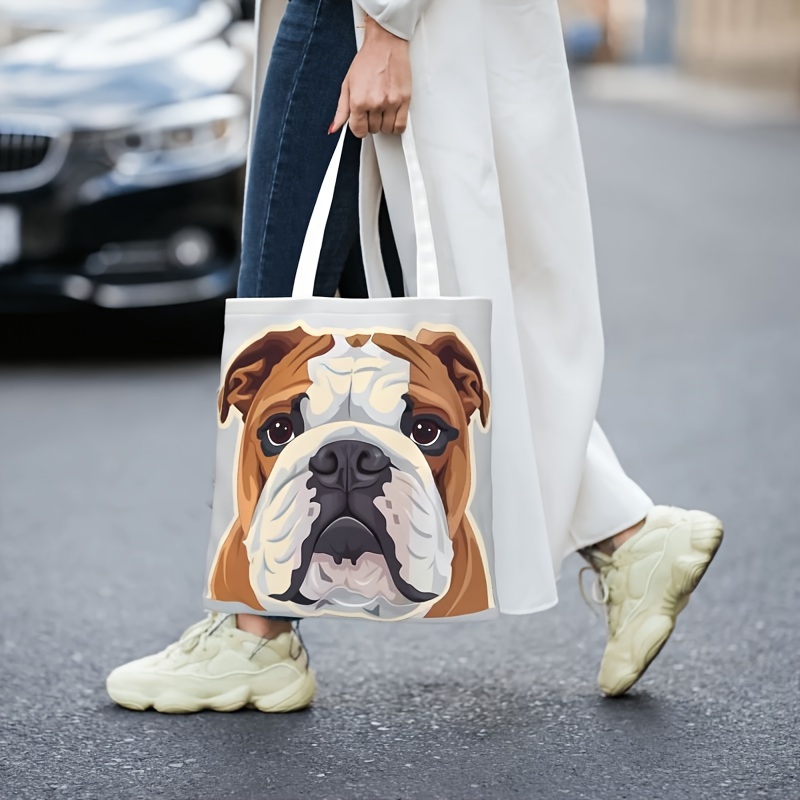 

Polyester Bulldog Print Tote Bag - Durable High-density Fabric, Extra Large Shoulder Tote With Wide Straps For Beach, Travel, Gym, Grocery Shopping - Washable Reusable Bag 1pc