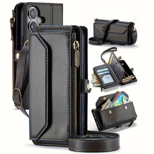 soligu wallet phone case for iphone 16 15 14 plus max versatile wallet case featuring rfid protection multi card holder phone cover soft synthetic leather protective cell phone bag magnetic closure with shoulder strap