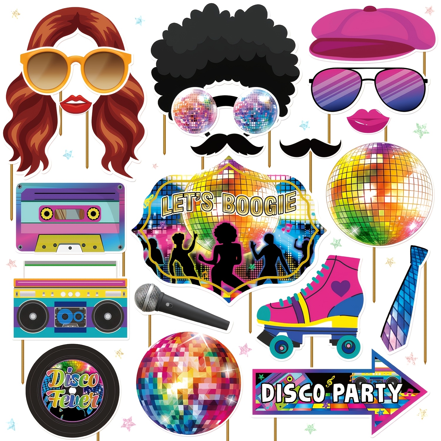 E-shop 20 Stück Disco Party Dekorationen | Retro-Style Foto Requisiten und Hintergründe, für Disco , Hippie, Woodstock und 70er Swing Tanz Party,
