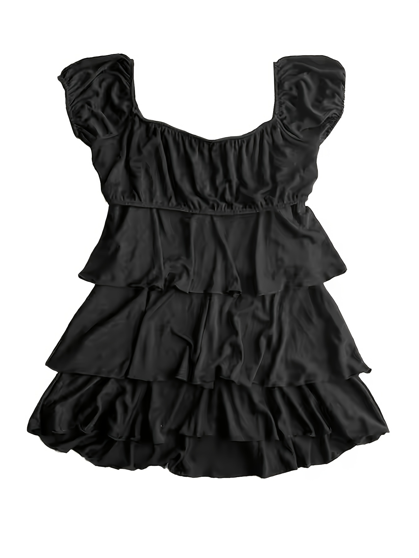 Women's Black 5-Layer Square Neck Knee-Length Dress Loose Fit Flared  Skirt, Machine Washable Medium Stretch Casual to Semi-Formal