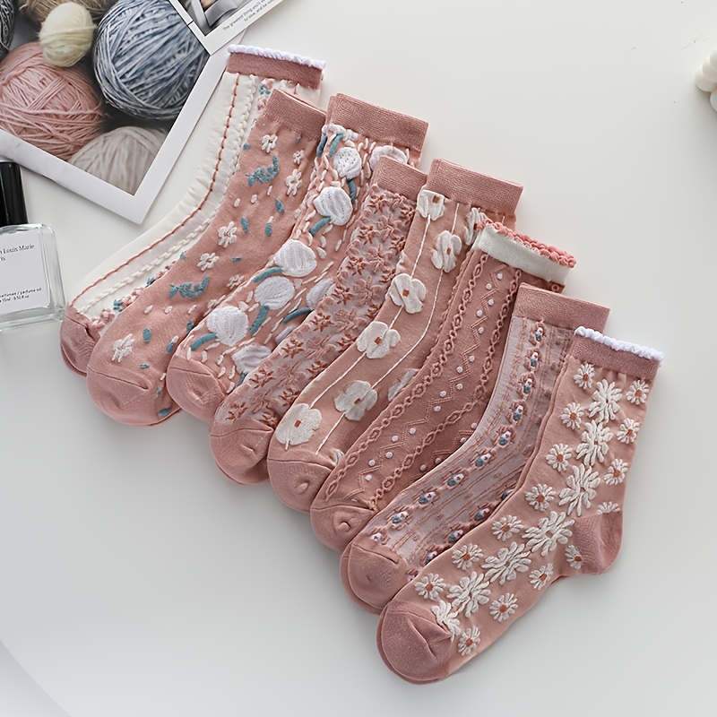 Image of 6 Pairs Random Colors All-match Spring Summer Women's 168-needle Soft Comfortable Breathable Sweat-absorbing Lolita Style Style Style Embroidered Floral Casual Mid-calf Socks