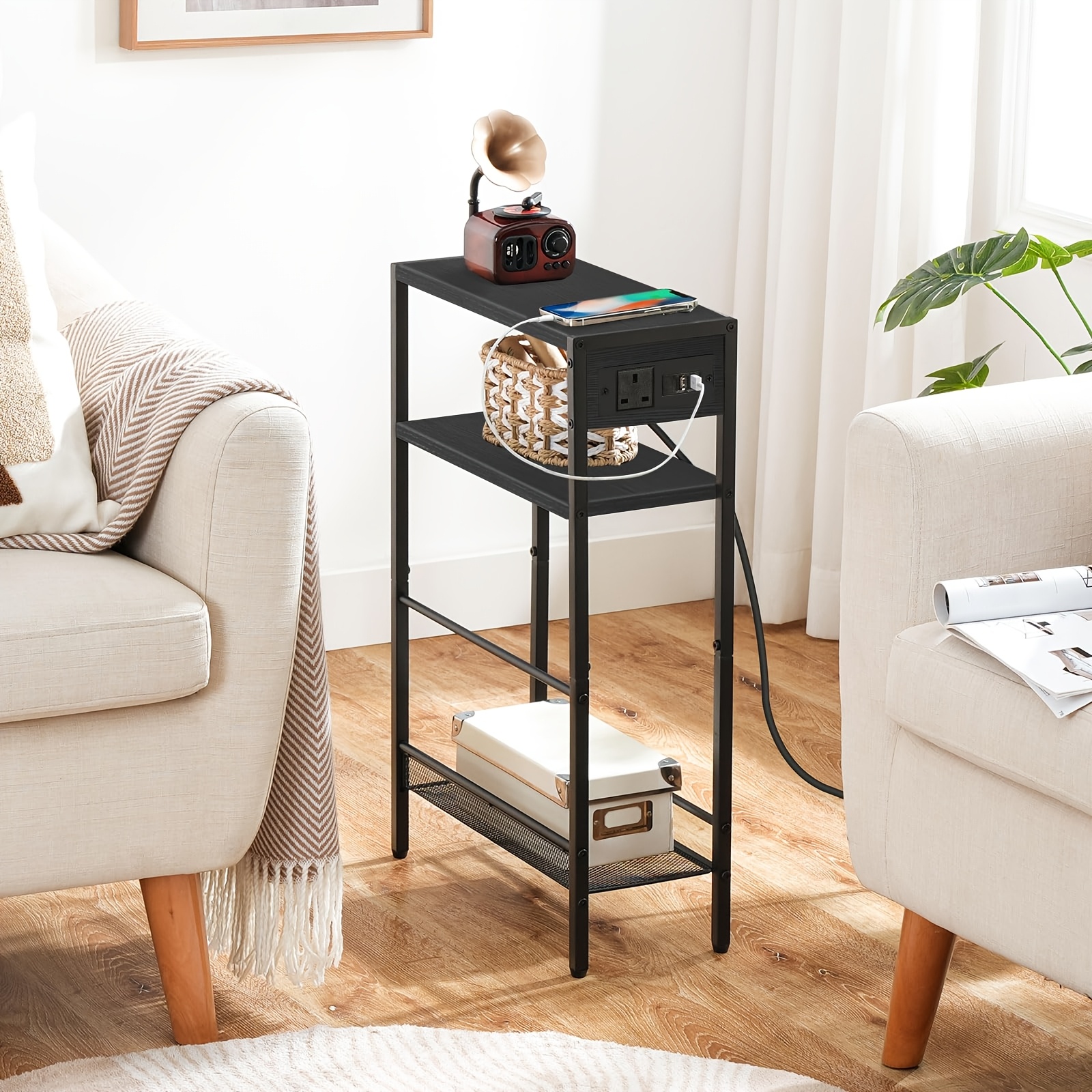 Slim Side Table with Charging Station, Narrow End Table for Small Spaces