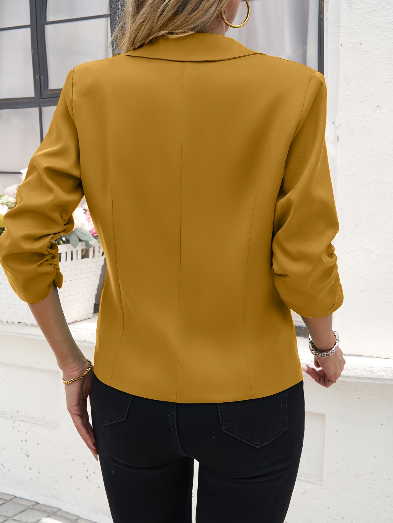 Women's Light Beige Casual Blazer - Open Front, 3/4 Sleeve, Polyester, Machine Washable, X-Shaped Silhouette, Perfect for Spring & Fall
