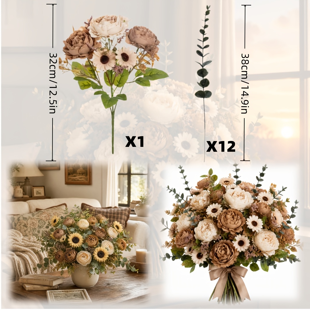 TEMU 13pcs Coffee-colored Small Peony , Picnic Outing For Outdoor , Balcony, Courtyard, Window Box, Porch, Courtyard Decoration Photography Props,