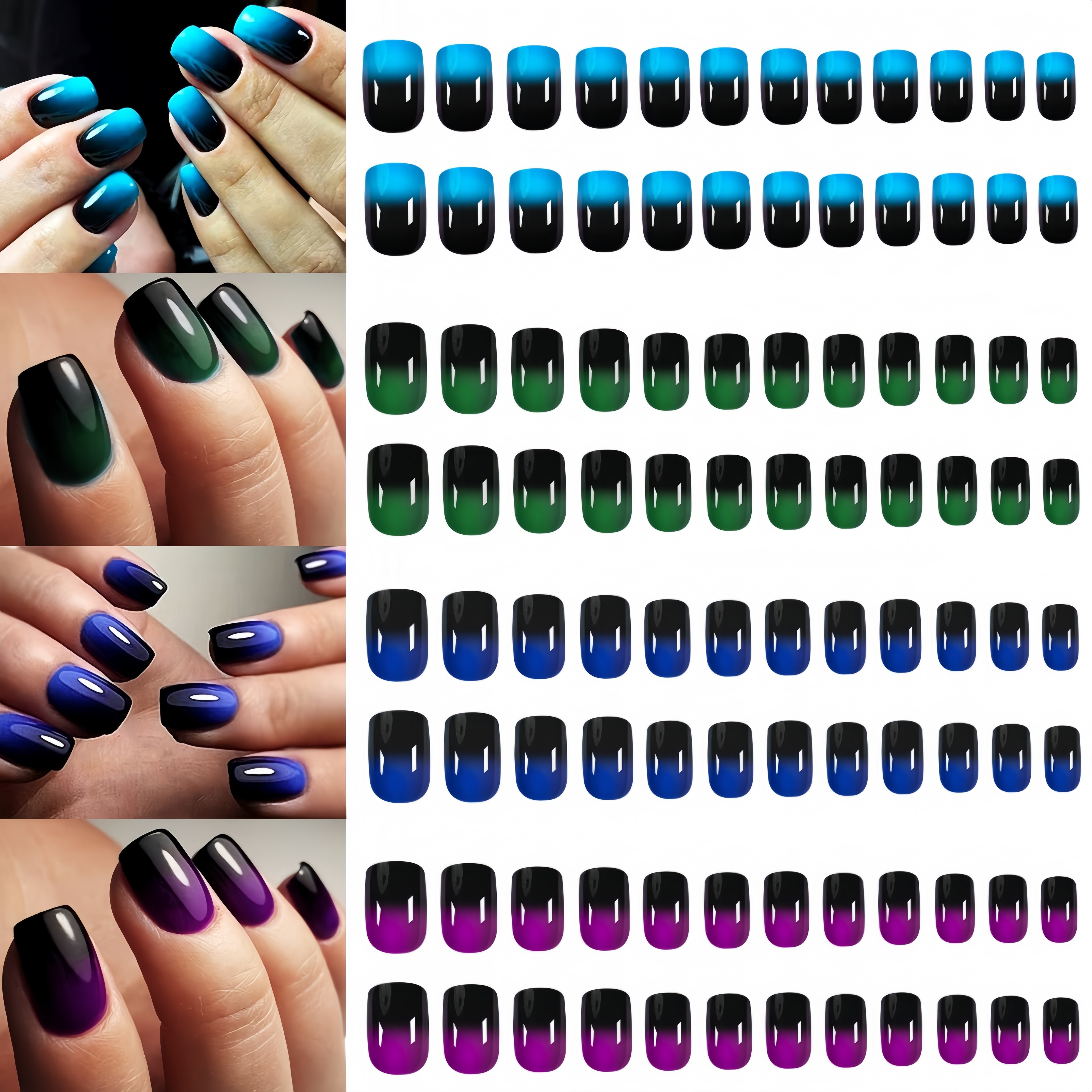 TEMU 96-piece Press-on Fake Nail Set, Mixed Color Gradient , Medium Length, Glossy Finish - 4 Pack