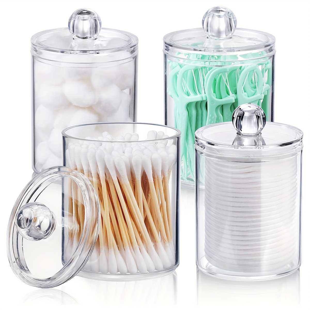 TEMU 4pcs Is Suitable For Swabs, Balls, Pads, Dental Floss Sticks - Small Clear Plastic Jars, Medicine Bottle Sets, Bathroom Essentials Accessories Decoration, Dresser Cosmetics Storage Boxes