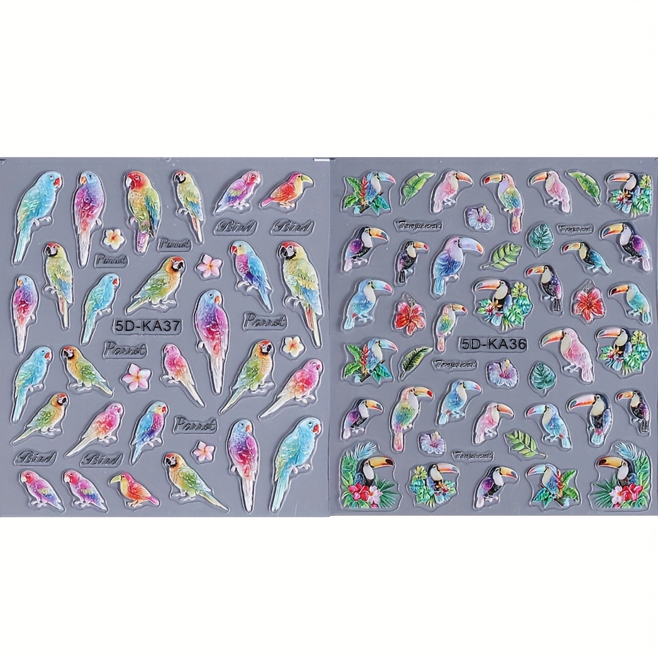 2pcs Embossed Parrot Nail Art Stickers 5d Engraved Crow Flower Leaf Decals Woodpecker Bird Summer Design Manicure Tech Supplies