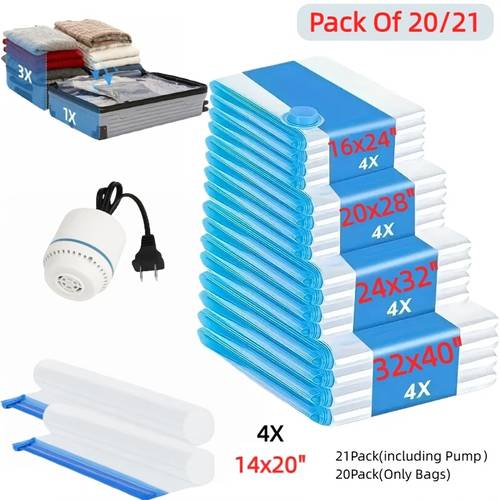 vacuum storage bags with air pump suitable for clothes quilts and blankets reusable compression storage bags for travel moving and organizing in 4 sizes 4s 4m 4l 4j 1 air pump pack of 21 and pack of 20