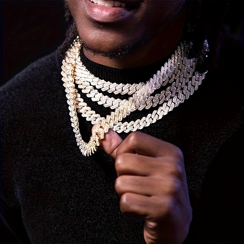 

1pc 14mm Golden Plated Cuban Chain, Hip-hop Fashion Alloy Necklace Jewelry For Men Rhinestone Necklace