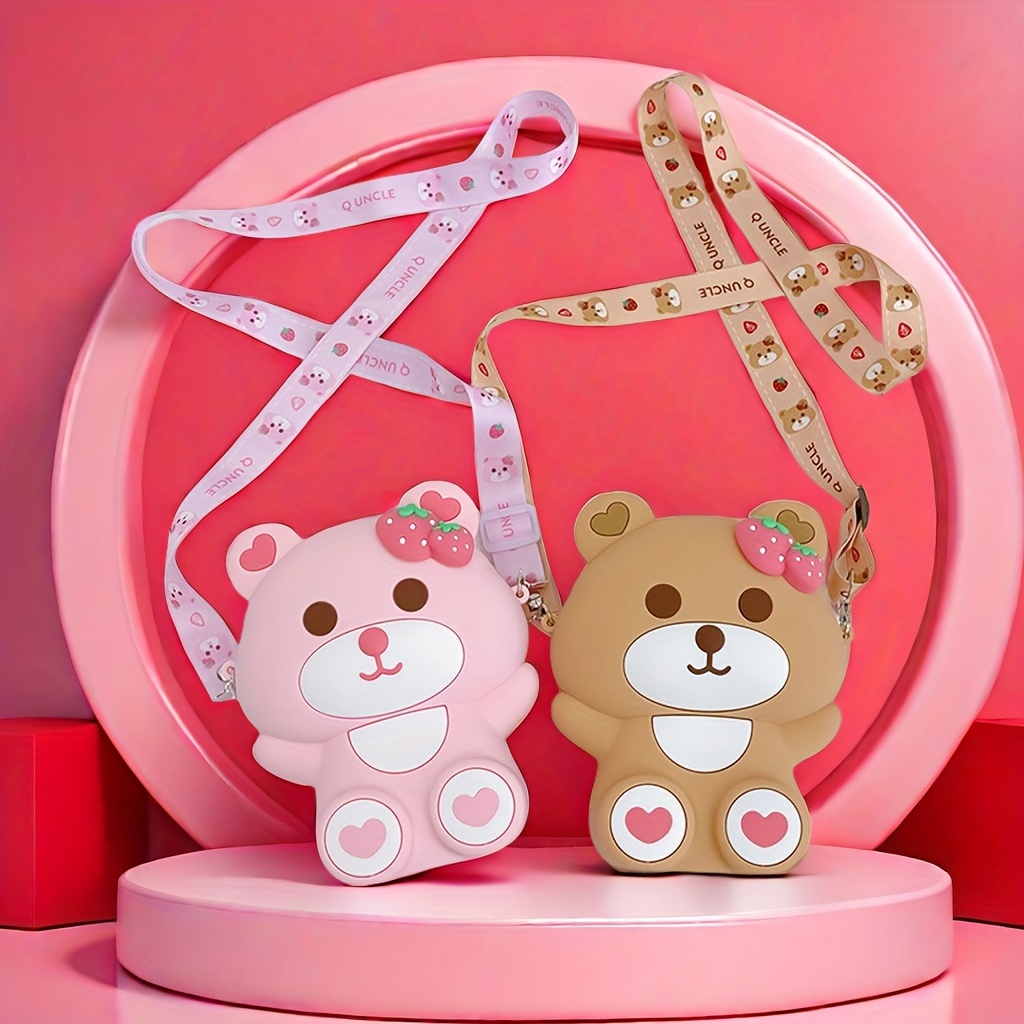 

Cute Strawberry Bear Silicone Crossbody Bag, Durable Zipper Novelty Shoulder Bag, Women Fashion Mobile Phone Bag, Kawaii Small Coin Purse