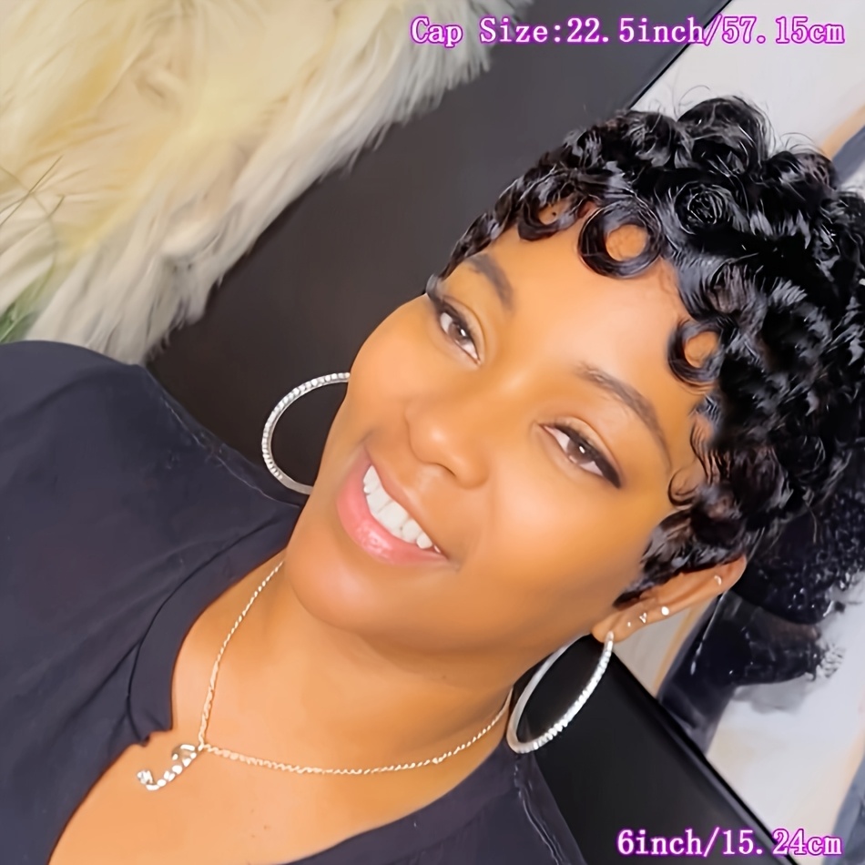TEMU Deep Curly Human Hair Wigs For Women Short Cut Layered Loose Curly Wigs With Bangs Brazilian Human Hair 180% Density 6 Inch Full Machine Made