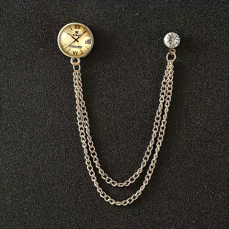 TEMU Broche en alliage de montre de style européen et américain avec chaîne, broche pour homme, motif de montre, plusieurs couleurs disponibles, et