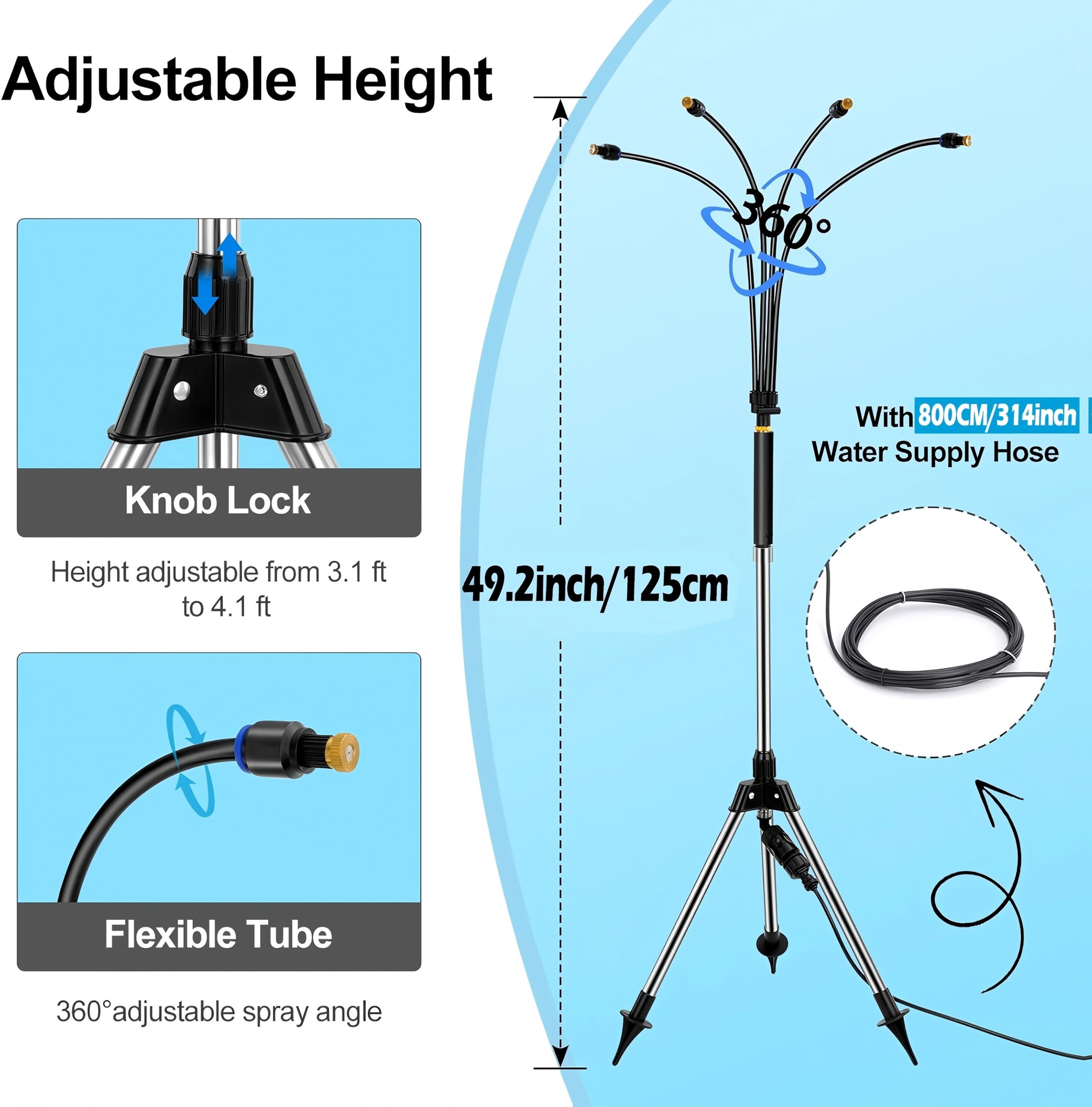 1pc Upgraded Portable Stand Misters for Outside Patio with Adjustable Riser Tube (up to 124.97cm),Upgraded metal connector, enhanced durability, No Electricity or Battery Needed, Very suitable for BBQ, Patio, Pool, and Water Activities