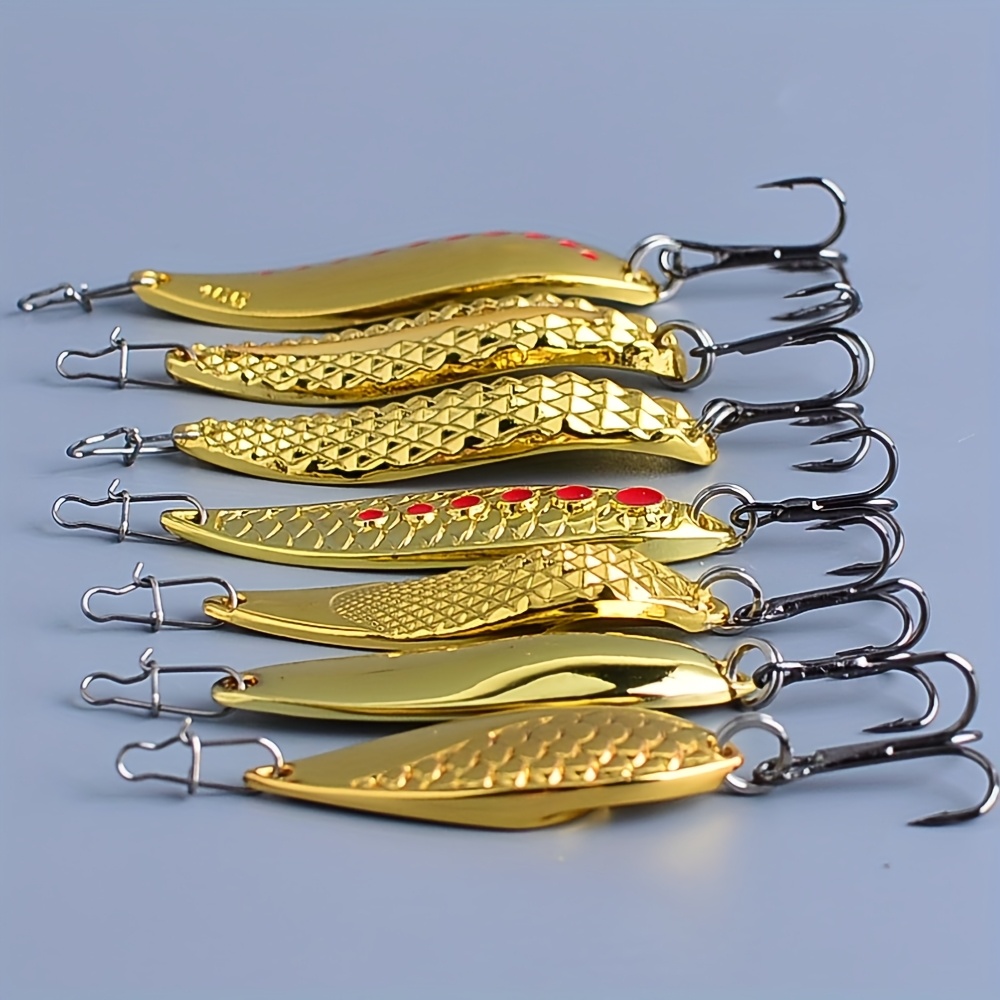 TEMU Lot de 7 leurres de pêche, leurres spinner métalliques dorés de 10g/0. avec hameçon triple pour la pêche en eau douce et en eau salée
