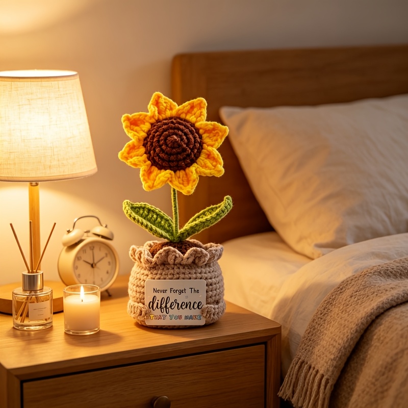 TEMU 1 Set Handmade Crochet Sunflower Potted Plant, Cute Desktop Decoration Gift (suitable For Teachers/ ), Soft Knitted Potted Flower, Graduation,