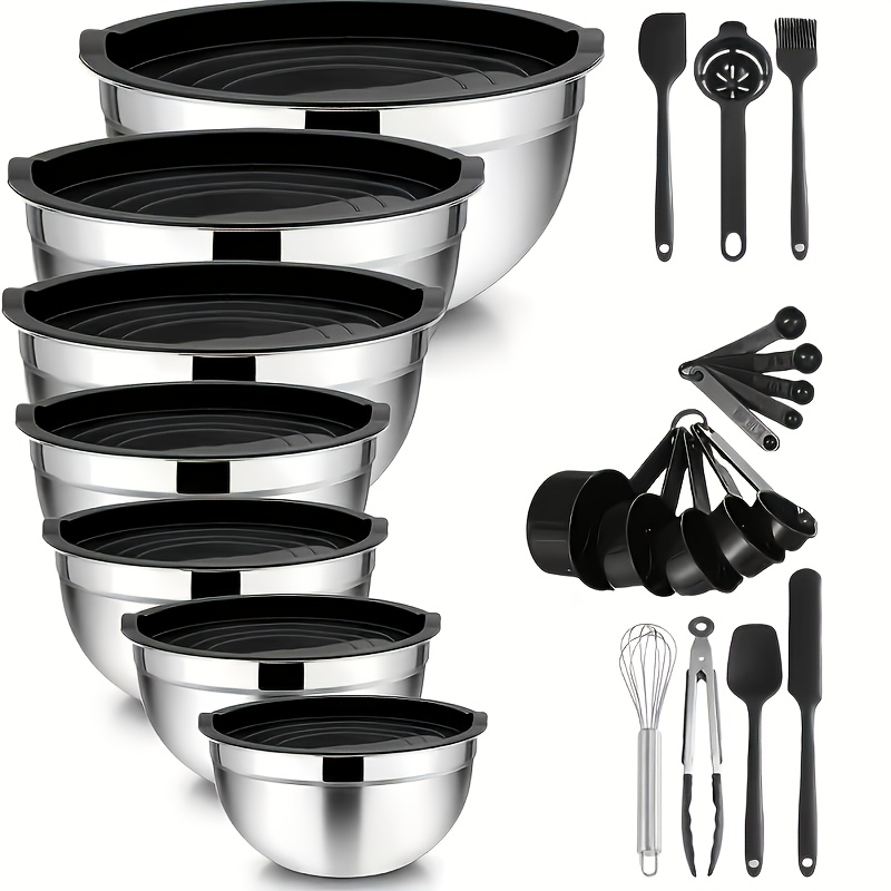 TEMU Set de 7 à salade de luxe en acier inoxydable avec couvercles, empilables, épaissis et durables, inclut une râpe, une pince, un séparateur, une