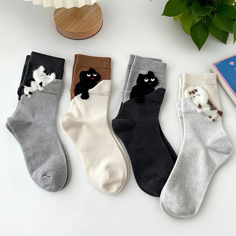 TEMU Lot de 4 paires de chaussettes toutes saisons, polyvalentes, mignonnes, style , confortables, douces, style japonais créatif, à motif de chat de