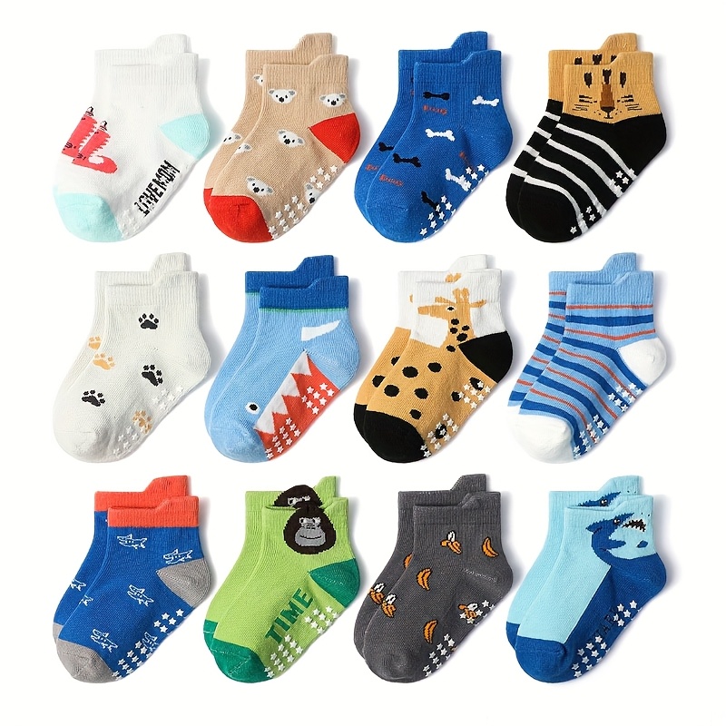 E-shop 6/12 Paar Kinder Anti-Rutsch Socken Niedliche Cartoon Tiermuster Bequeme Atmungsaktive Jungen Baby Bodensocken