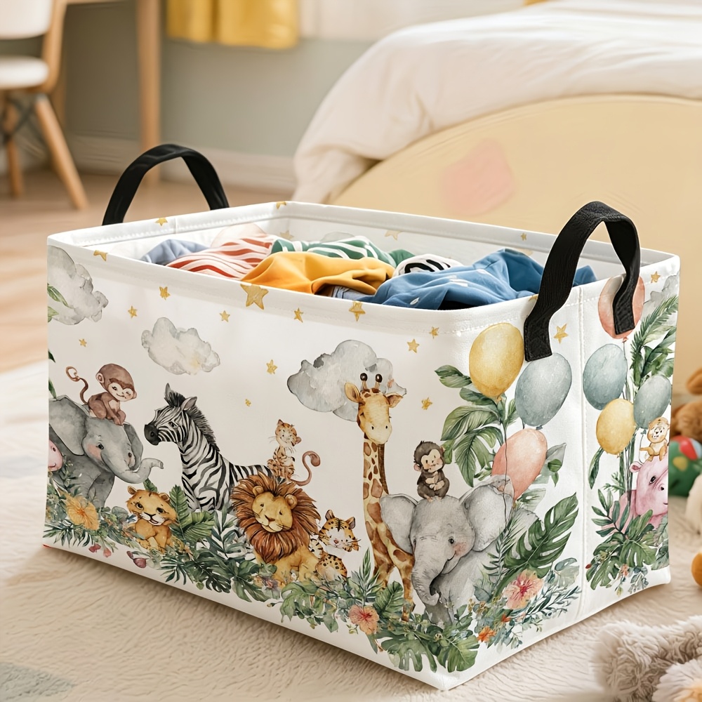 TEMU 1pc Whimsical Watercolor Jungle Animal Print Storage Basket, Multiple Specifications Available, Durable Canvas Storage Bin For Daily