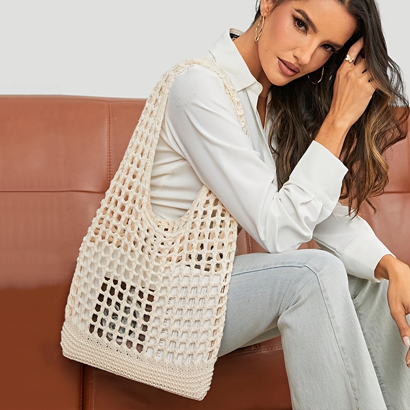 

Bohemian Crochet Tote Bag For Women, Summer Beach Shoulder Bag, Solid Color Fabric, Unlined, No-closure, Hollow Out Design, Aesthetic Woven Knit Handbag