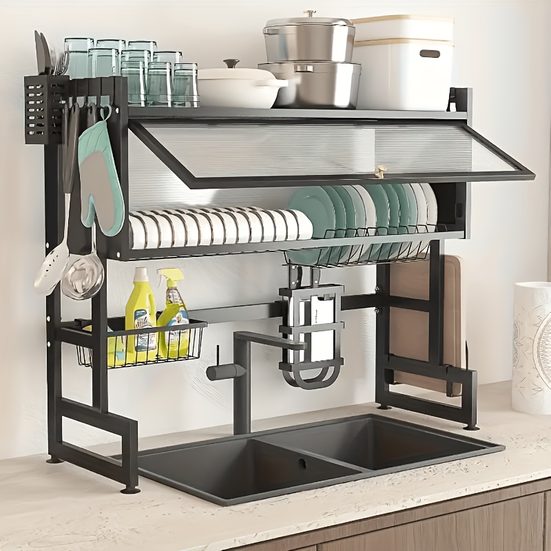 TEMU 1pc Multi-tier Drainage Rack Kitchen Sink Countertop Dustproof Storage Storage Bowl Drying Rack Household Chopsticks Drainage Rack Black Kitchen