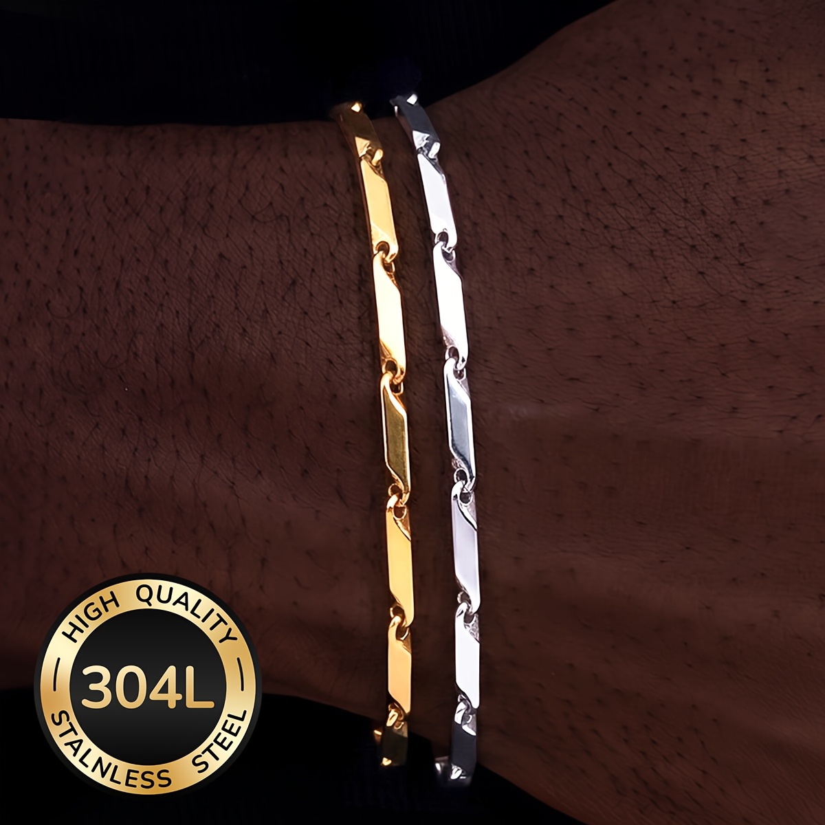 TEMU 2pcs High-quality 304l 304l Stainless Steel Bracelet, 18k Gold Plated 18k Gold Plated-plated, Waterproof And , Suitable For Men's Jewelry Sets,