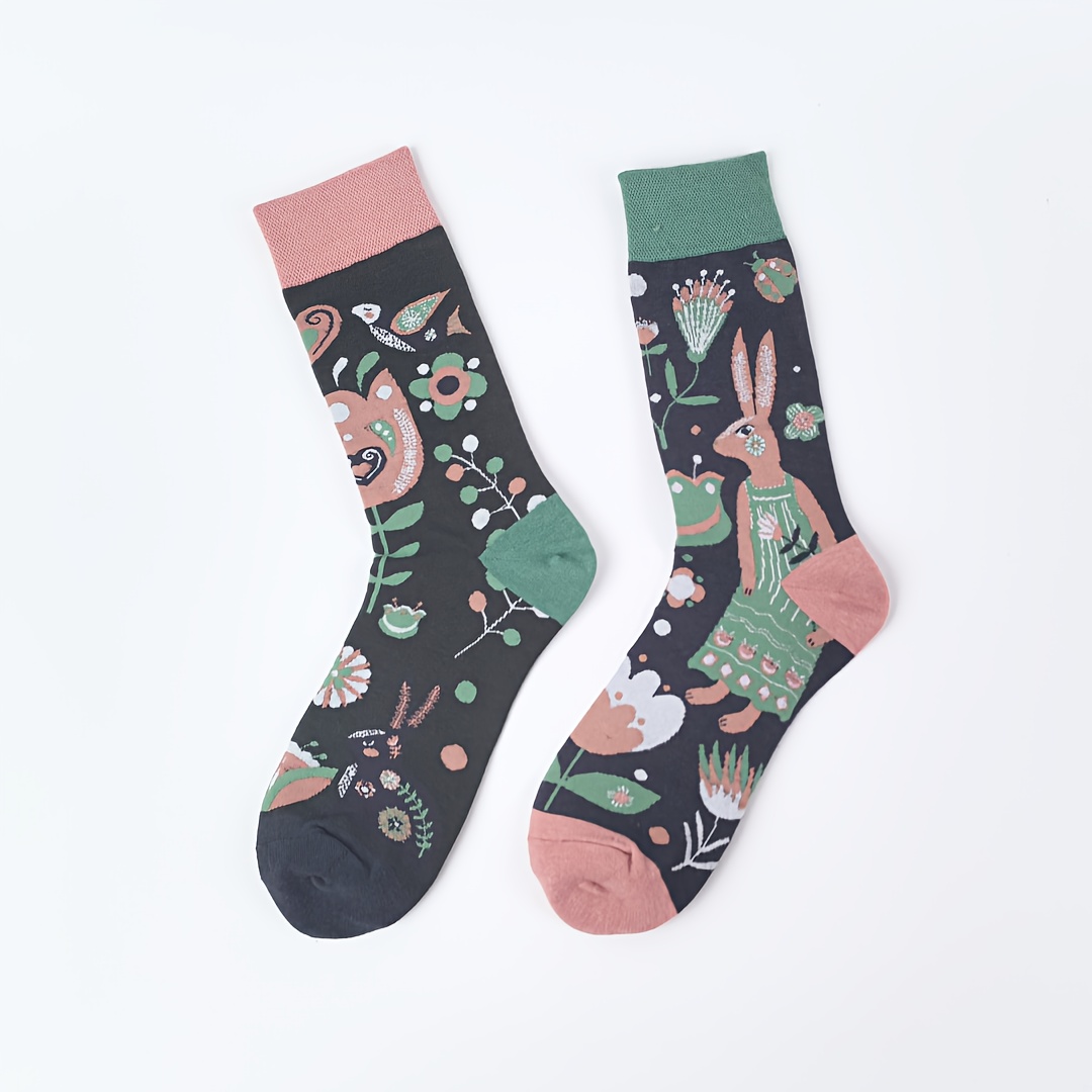 Image of [1 Pair] Painting Style Portrait Rabbit Pattern Individual Asymmetrical Men's And Women's Mid-calf Socks
