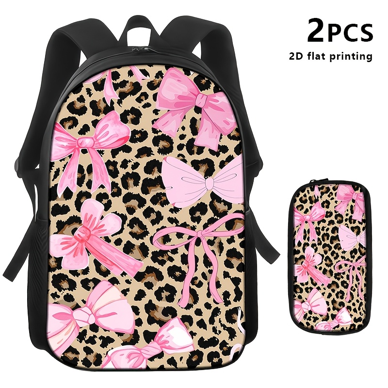 TEMU 1pc/2pcs/3pcs Leopard With Pink Bows Backpack, Shoulder Lunch Bag, And Pouch; Cute And Stylish, Practical For Daily , Travel, Or Office Use