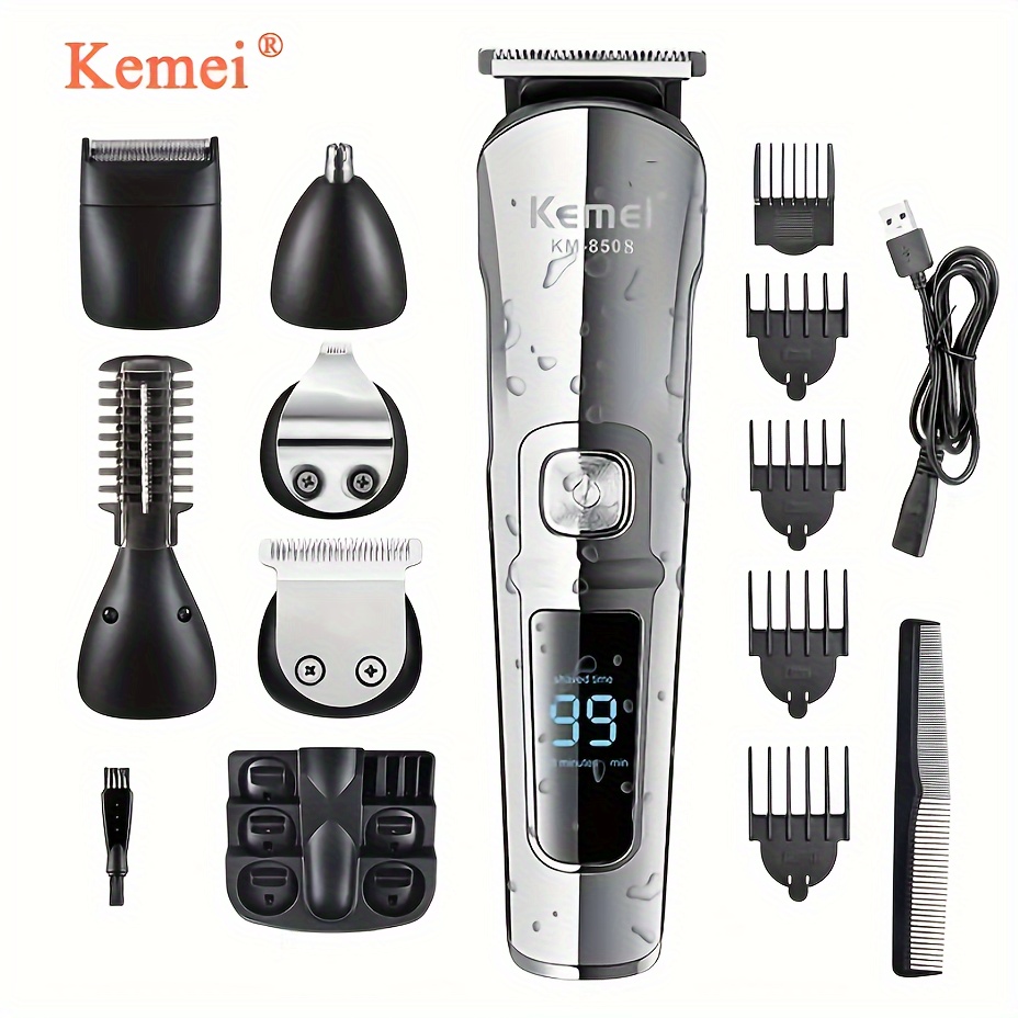 [Tondeuse Barbe USB] Kemei KM-8508 Tondeuse Barbe 6-en-1 Sans Fil pour Hommes - Kit de Toilette USB Rechargeable avec Tondeuse Nez, Tondeuse Corps et Plus - Noir, Design Élégant, Construction Durable