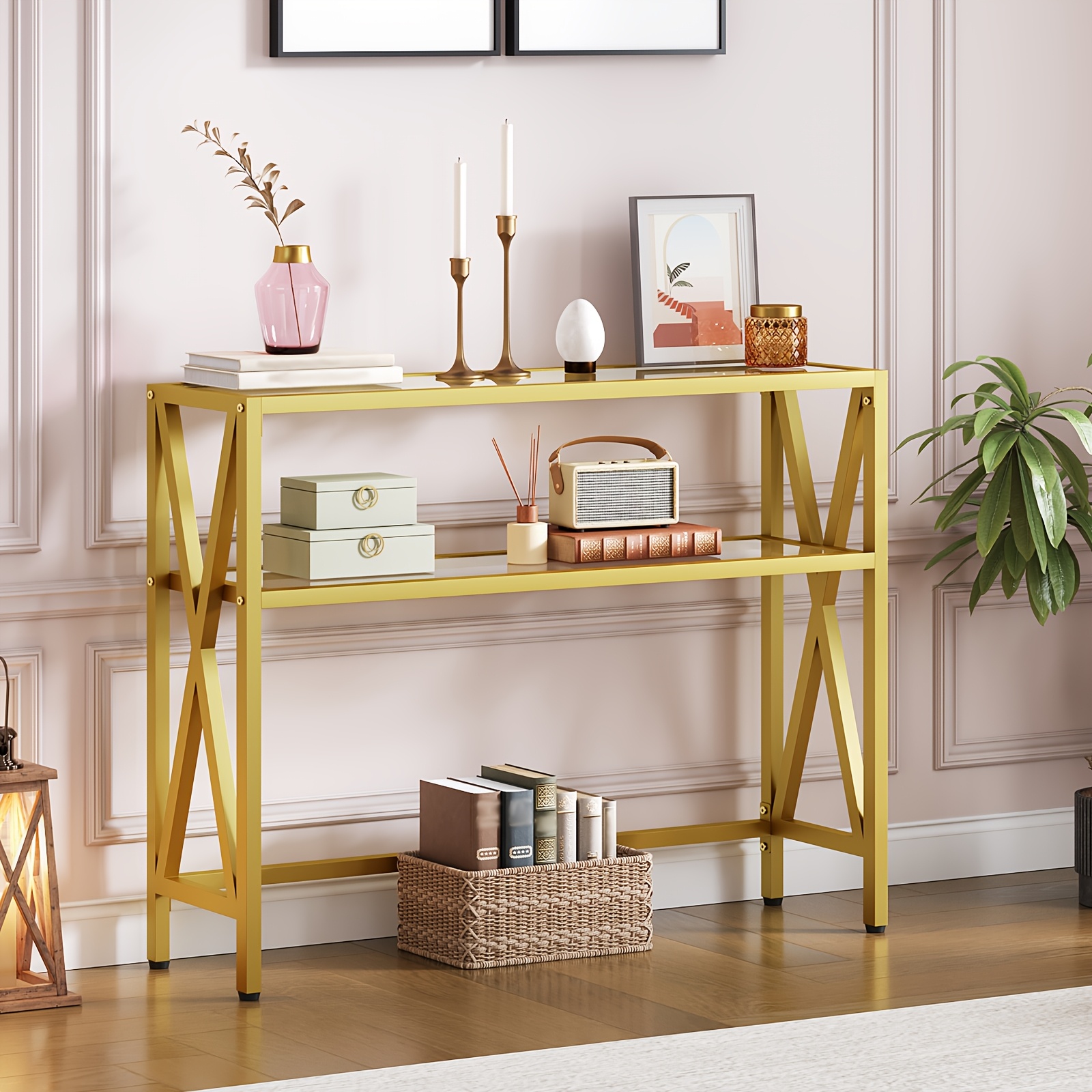 Image of Console Table With Shelves | Tempered Glass, Modern Sofa Table, Display Table, Golden Metal Frame, Suitable For Living Room, Entryway - Contemporary Style, Multifunctional, Assembled