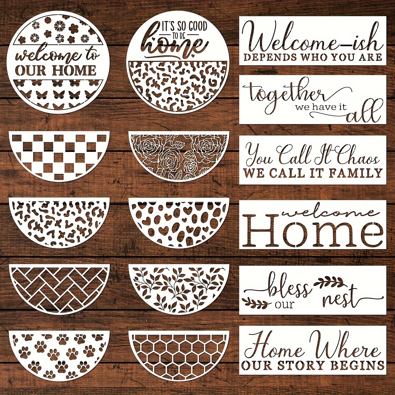 

16 Pack Welcome Home Sign Stencils, 12 Inch Reusable Plastic Painting Templates For Wood Signs, Half-circle Leopard Print, Hexagon, Checker, Paw Print Designs For Door Hanger, Wall Art & Diy Crafts