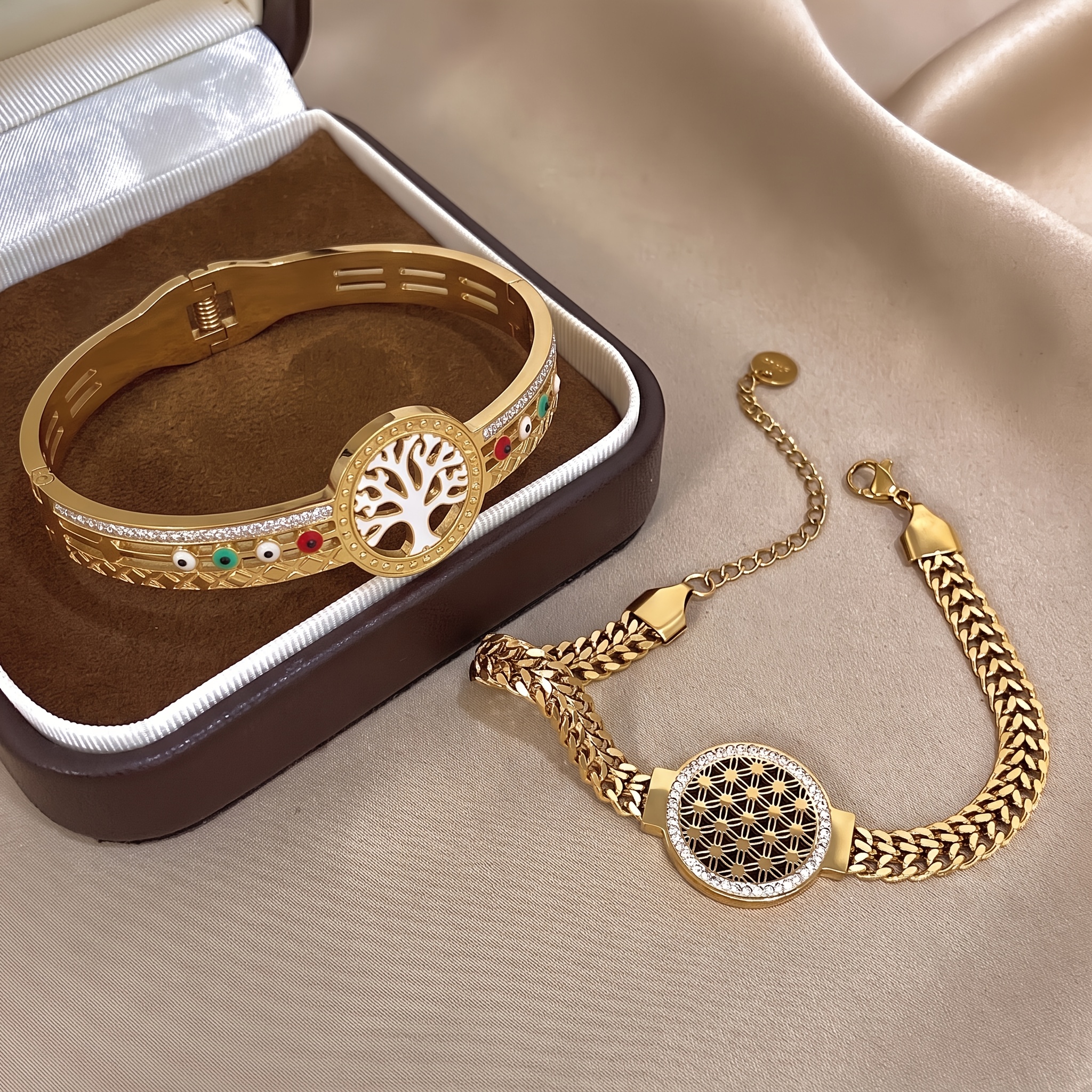 2pcs Unisex 18K Golden Plated Bracelet and Bangle Set, Artistic Style