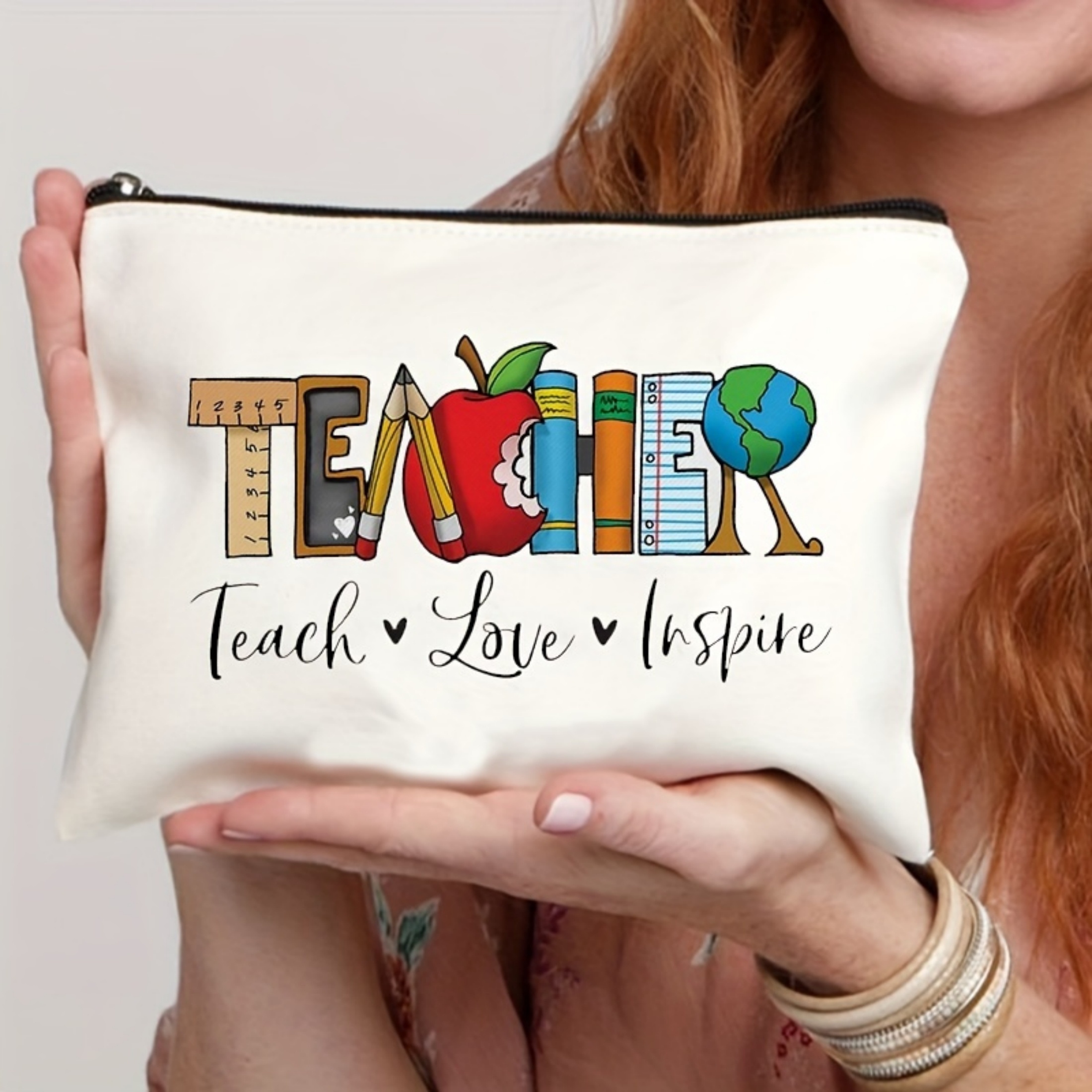 

Teacher's : Canvas Cosmetic & Pencil Case - Zippered Storage Organizer, White, Non-waterproof