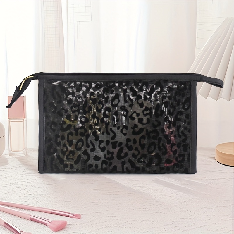 Makeup Bag Fashion Mesh Flocked Leopard Print Briefcase, Suitable For Storing Small Items, For Daily Life And Travel Use