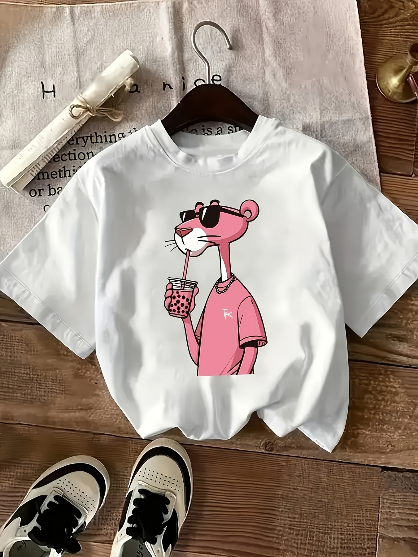 Women'S Casual Crew Neck T-Shirt with Cute Cartoon Print, Short Sleeve, Regular Length, Slight Stretch Fabric, Pink Tigger Design, Soft Polyester Material, Perfect for Casual Attir