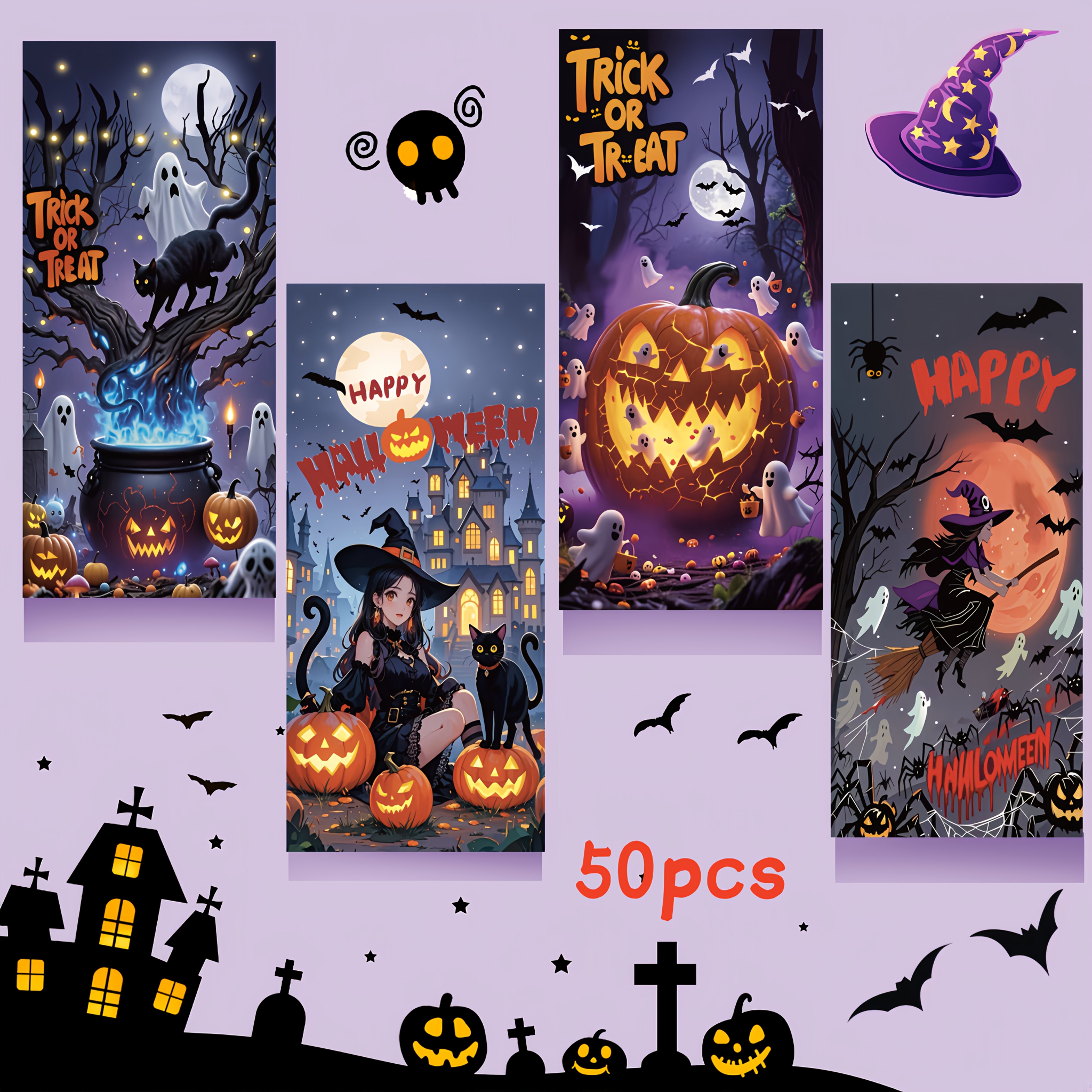 Image of 50pcs 100pcs Halloween Candy Bags, Halloween Gift Bags, Pumpkin,, Witch Packaging Bags, Halloween Party Favor Bags