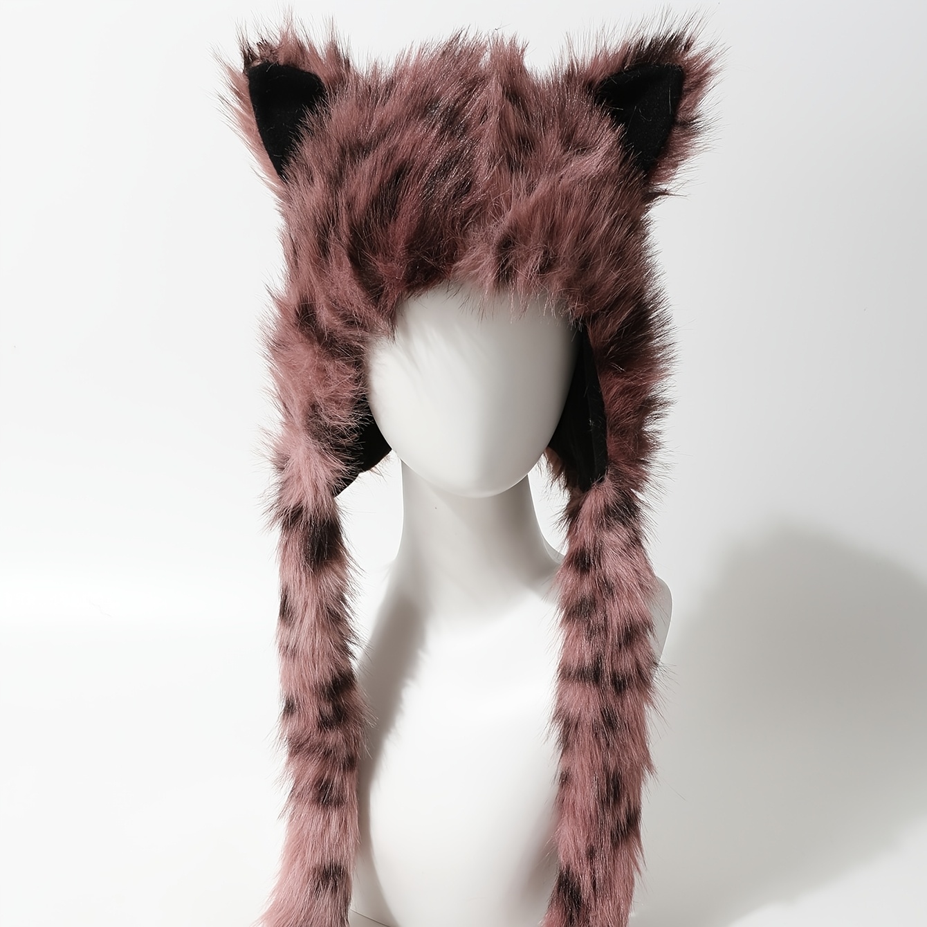 TEMU Leopard Print Plush Animal Ear Headband, Cute Cat Ear Long Tassel Winter Warm Hat