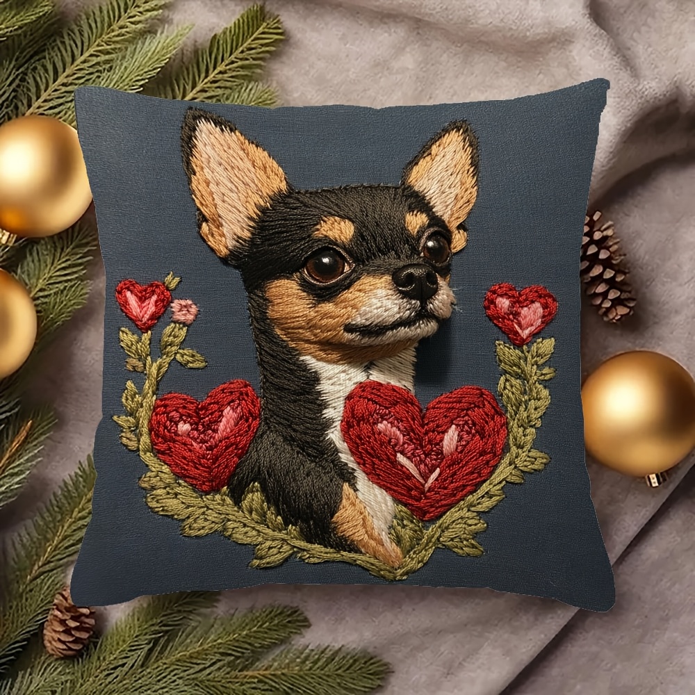 

1pc Vintage Style Double-sided Chihuahua Embroidered Throw Pillow Cover, 18x18 Inch, Polyester, Zip Closure, Machine Washable, Decorative For Sofa And Bedroom - Zg2385