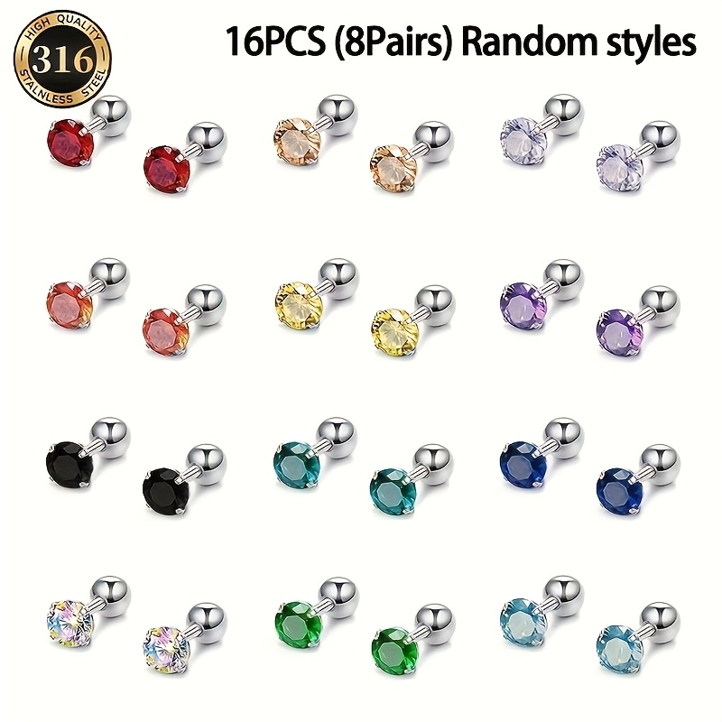 TEMU 16 piezas para y verano (8 ) por juego, estilos aleatorios. Pendientes de tachuelas minimalistas de circonita cúbica sintética, pendientes de
