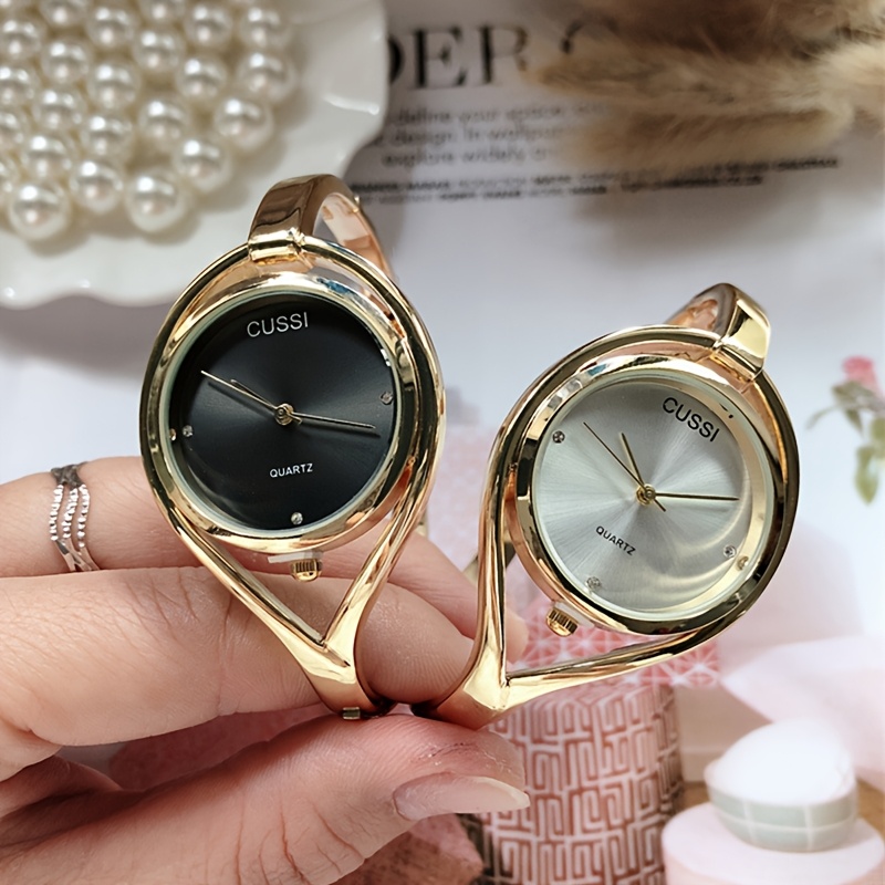 elegant womens quartz wristwatch with hollow out design round alloy case and band bracelet details 2