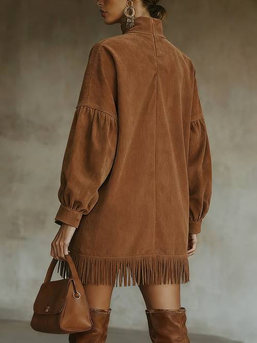 a stylish and unique high end french vintage dress for for autumn and winter casual features a easy solid color high neck with a back zipper lantern sleeves and a fringed